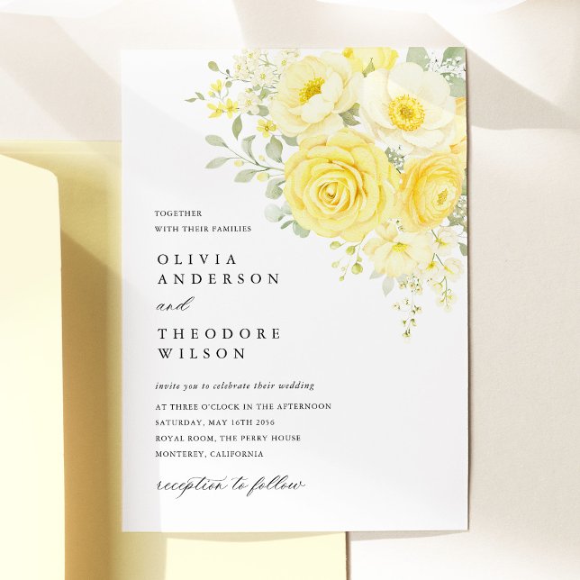 Invitation Jaune beurre ivoire floral mariage (butter yellow ivory floral wedding invitation yellow rose invitation elegant wedding stationery)