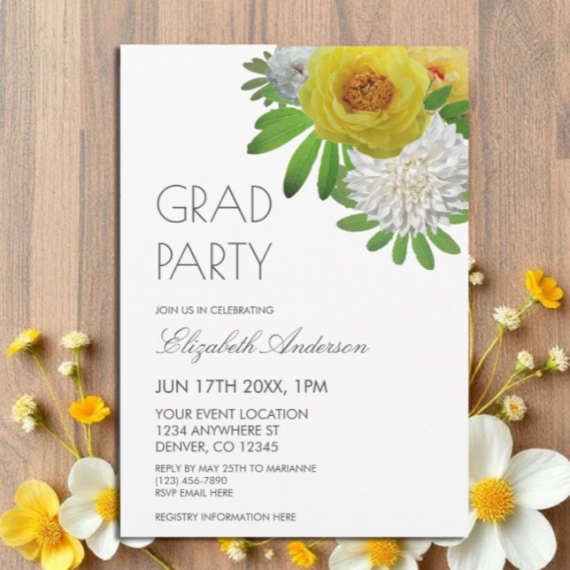 Invitation Jaune & Blanc Floral Graduation Party (Créateur téléchargé)