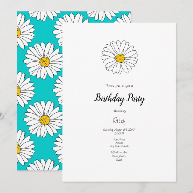 Invitation Jaune blanc marguerite Jaune Turquoise Motif margu (Devant / Derrière)