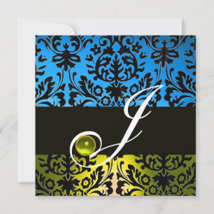 Invitation JAUNE BLEU BLACK DAMASK MONOGRAM Topaz