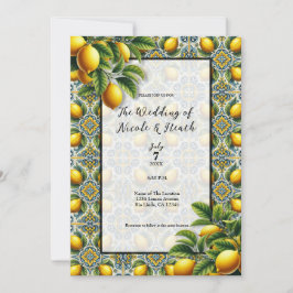 Invitation Jaune Bleu Capri Citron Méditerranéen Carreau Mari