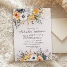 Jaune Bleu Marine Floral Glitter 40e Anniversaire