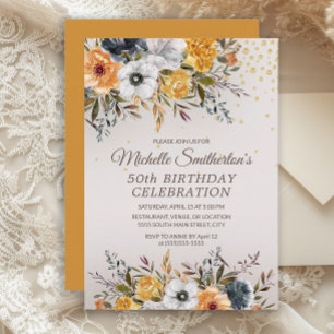 Invitation Jaune Bleu Marine Floral Pailleté 50e Anniversaire