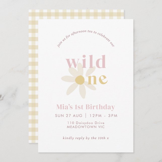Invitation Jaune Blush Boho Daisy Floral Premier anniversaire (Devant / Derrière)