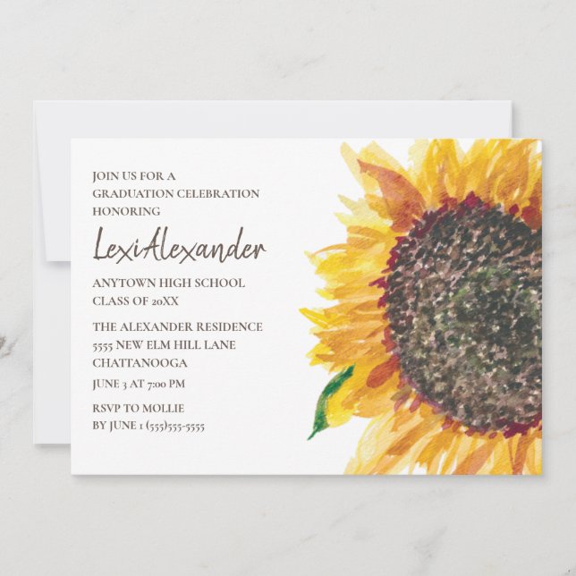 Invitation Jaune Brown Aquarelle Tournesol fête de graduation (Devant)