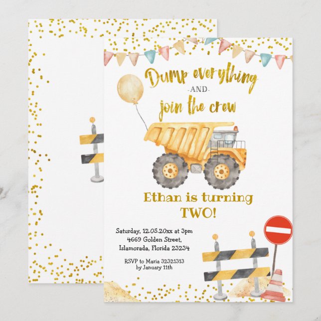 Invitation Jaune Camion Camion Boy Anniversaire (Devant / Derrière)