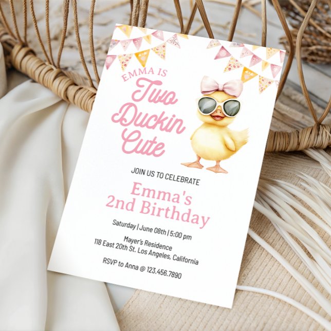 Invitation Jaune Canard Thème Deux Canards Mignonne 2ème Anni (Editable Yellow Duck Birthday Invitation, Two Duckin Cute Yellow Duck 2nd Birthday Invite)