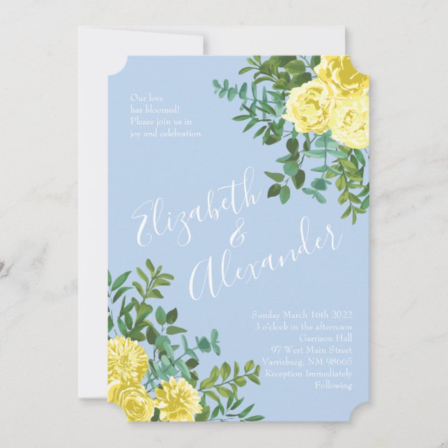 Invitation Jaune clair et bleu pâle Rose Mariage floral (Devant)