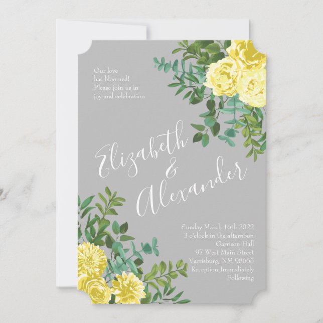 Invitation Jaune clair et gris pivoine et Rose Mariage floral (Devant)