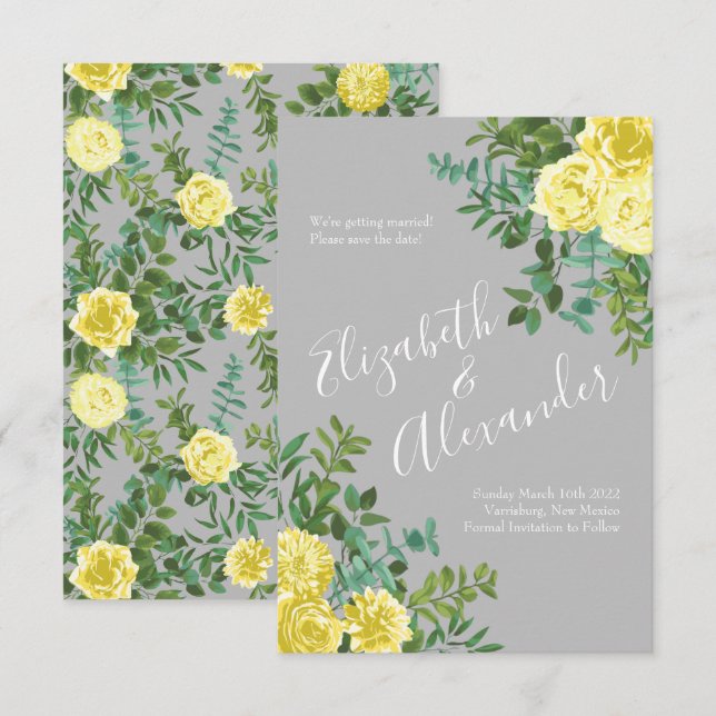 Invitation Jaune clair et gris Rose Floral Mariage Date de sa (Devant / Derrière)