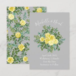 Invitation Jaune clair et gris Rose Floral Mariage Date de sa