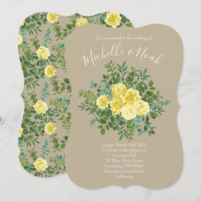 Invitation Jaune clair et Rose écru kaki Mariage floral (Devant / Derrière)
