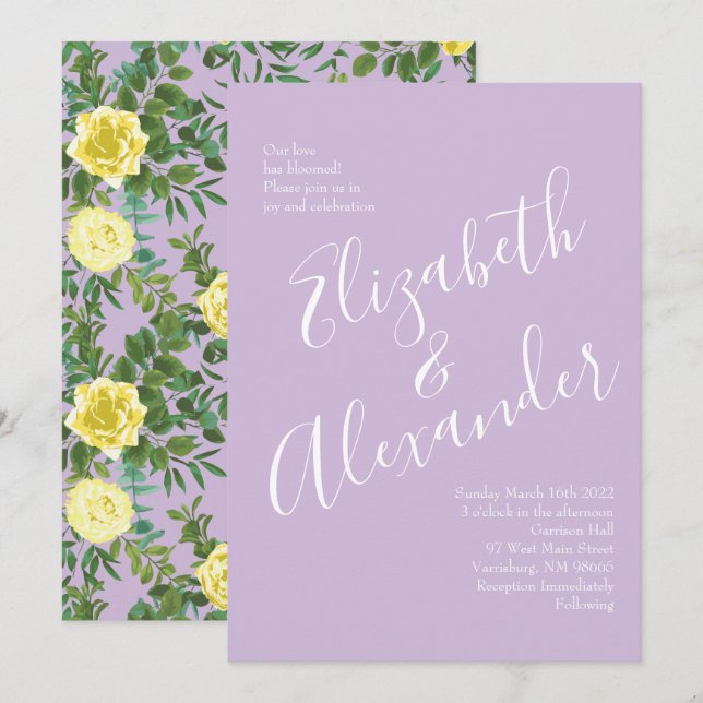 Invitation Jaune clair & Lilac Purple & Rose Floral Mariage (Devant / Derrière)