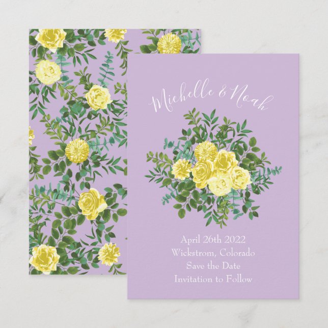 Invitation Jaune clair & Lilac Purple Rose Mariage Date de sa (Devant / Derrière)