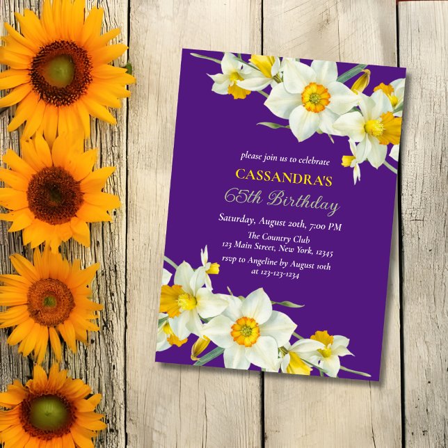 Invitation Jaune Daffodique Blanc Floral Purple Anniversaire (Créateur téléchargé)