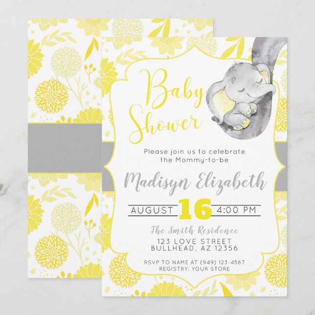 Invitation Jaune Dahlias Baby Elephant Baby shower garçon (Devant / Derrière)