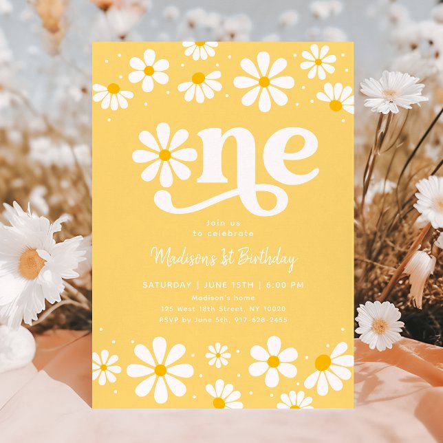 Invitation Jaune Daisy Boho Premier anniversaire (Créateur téléchargé)