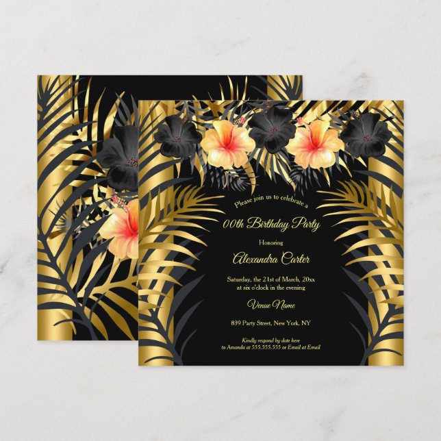 Invitation Jaune d'or noir Hibiscus Tropical Floral Party (Devant / Derrière)