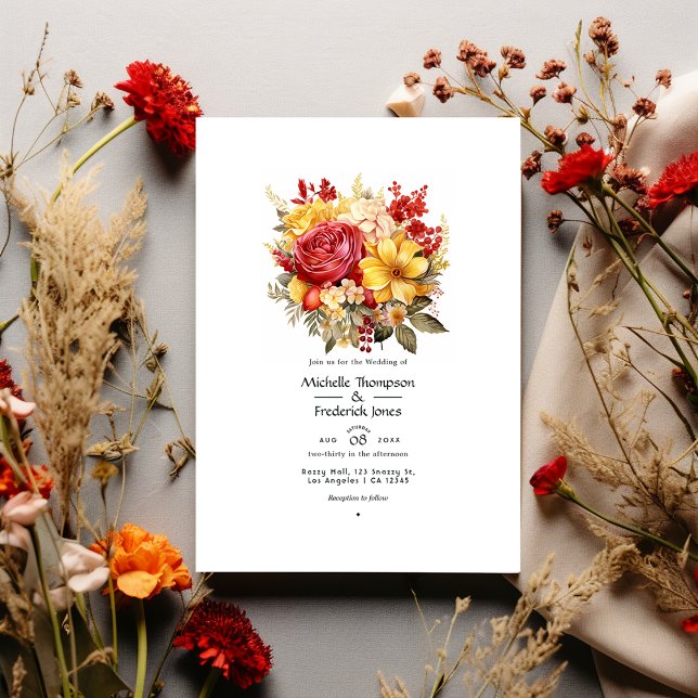Invitation Jaune doré et rouge à lèvres Mariage Floral (Créateur téléchargé)