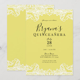 Invitation Jaune et Blanc Dentelle Élégante Fête de Quinceañe