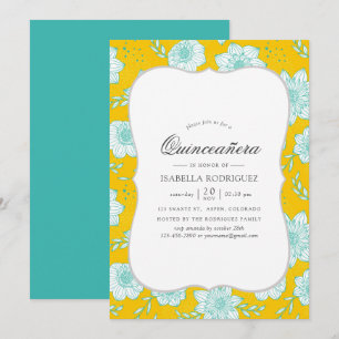 Invitation Jaune et floral sarcelle Quinceañera
