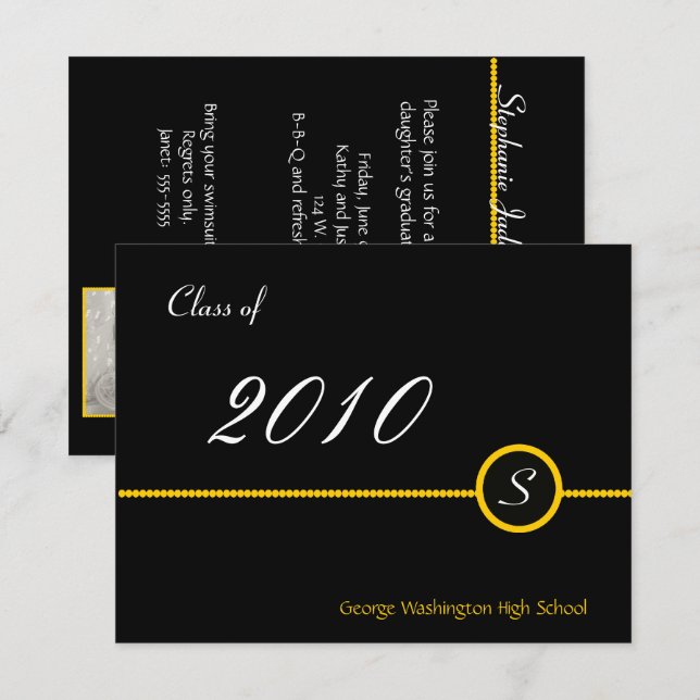 Invitation jaune et noire de photo de diplômé de (Devant / Derrière)