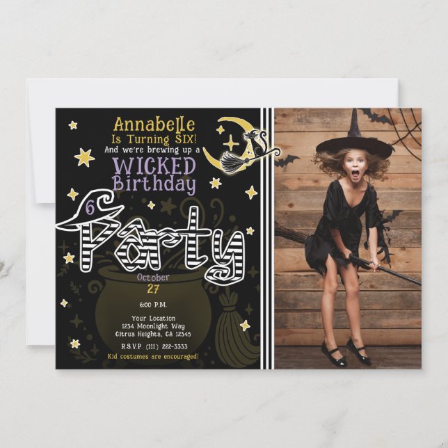 Invitation Jaune et sorcière noire Halloween fête d'anniversa (Devant)