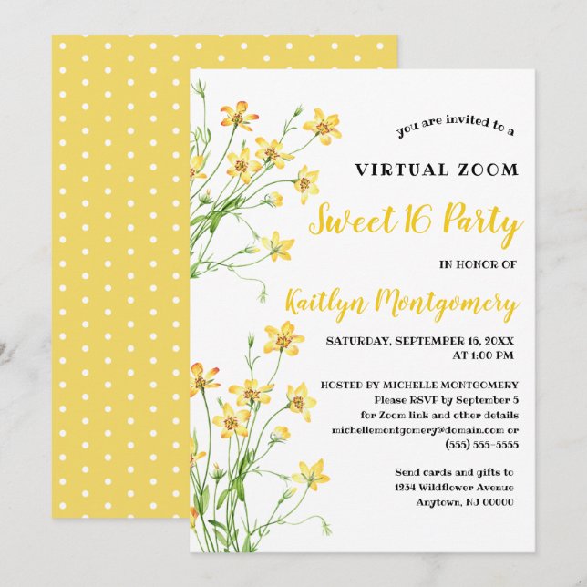 Invitation Jaune Fleur sauvage Virtual Sweet 16 Anniversaire (Devant / Derrière)