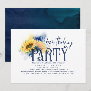 Invitation Jaune Fleurs de soleil Elégante Marine Bleue Anniv