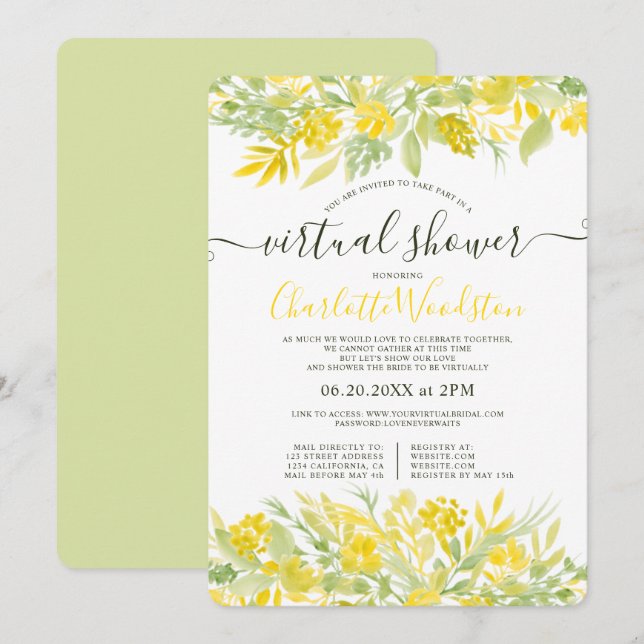 Invitation Jaune Floral aquarelle script douche virtuelle (Devant / Derrière)