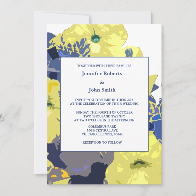 Invitation Jaune Floral Feuille Blanc Bleu Personnalisé Maria (Devant)