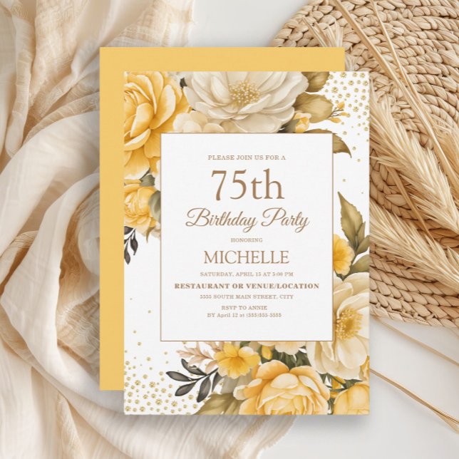 Invitation Jaune Floral Gold Parties scintillant 75e annivers (Yellow and ivory watercolor floral women's 75th birthday party invitation)
