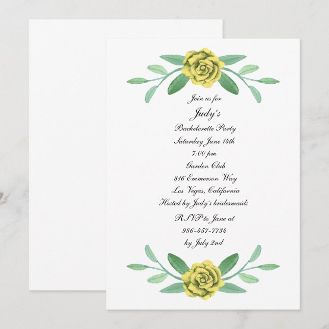 Invitation Jaune Floral Vert Foliage Bachelorette Party (Devant / Derrière)
