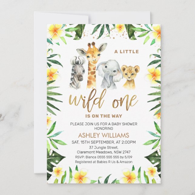 Invitation Jaune Floral Vert Safari Wild Un Baby shower (Devant)