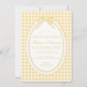 Invitation Jaune Gingham Coquette Noeud Papillon Fête d'anniv
