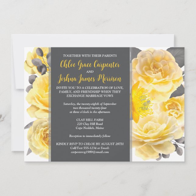 Invitation Jaune, Gris, Blanc Aquarelle Fleurs Mariage (Devant)