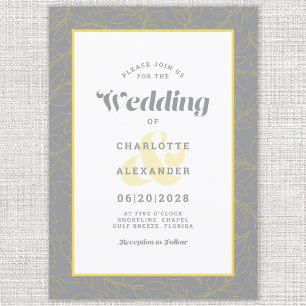 Invitation Jaune & Gris   Motif Moderne de Feuilles Abstraite