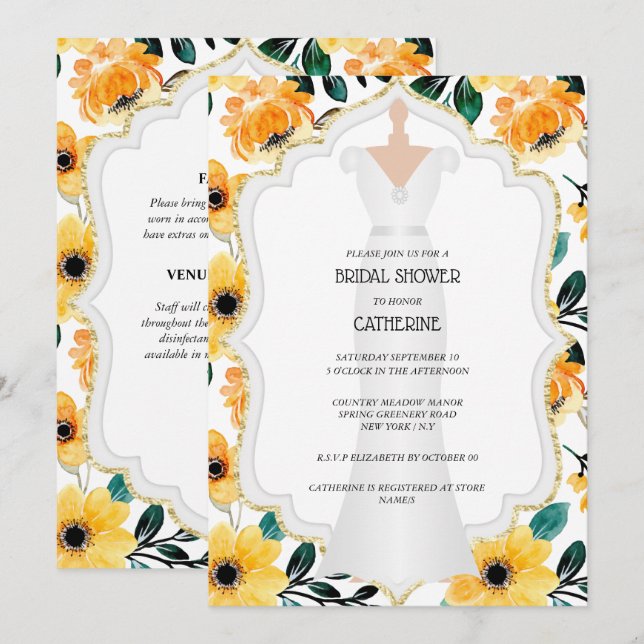Invitation Jaune marie mariée mariage robe fleur fleurie  (Devant / Derrière)