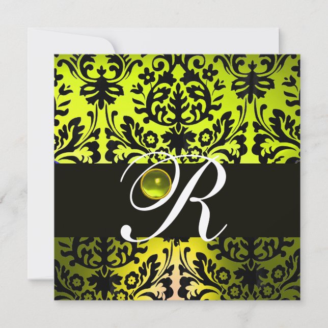 Invitation JAUNE NOIR DAMASK MONOGRAM TOPAZ Champagne (Devant)