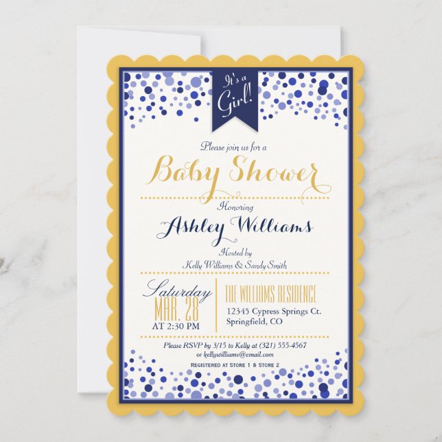 Invitation Jaune or, blanc & Baby shower bleu marine (Devant)