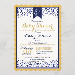 Invitation Jaune or, blanc & Baby shower bleu marine