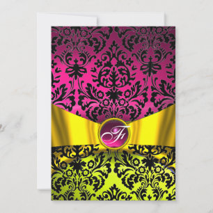 INVITATION JAUNE OR RIBBON FUCHSIA BLACK DAMASK MONOGRAM