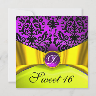 INVITATION JAUNE OR RIBBON PURPLE BLACK DAMASK MONOGRAM