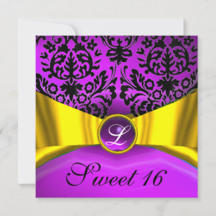 INVITATION JAUNE OR RIBBON PURPLE BLACK DAMASK MONOGRAM