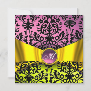INVITATION JAUNE OR RIBBON ROSE NOIR DAMASK MONOGRAM