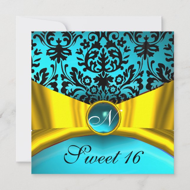 INVITATION JAUNE OR RIBBON TURQUOISE BLEU BLEU DOMMASK MONOGR (Devant)
