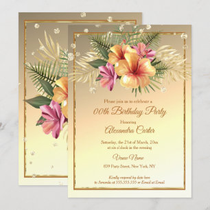 Invitation Jaune or rose Sepia Hibiscus fête d'anniversaire