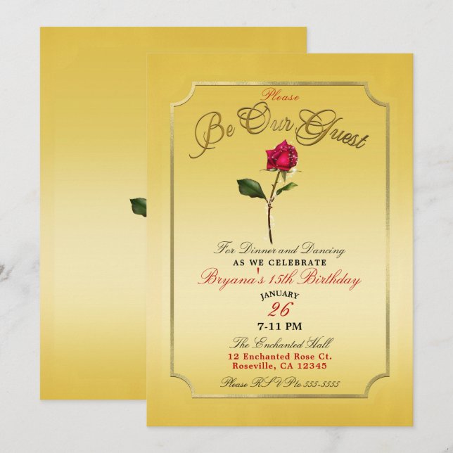 Invitation Jaune or Rouge Rose Beauté Anniversaire (Devant / Derrière)