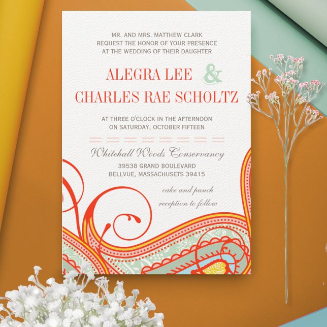 Invitation Jaune Orange Aqua Mint Persimmon Paisley Mariage (Créateur téléchargé)