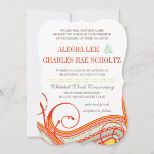 Invitation Jaune Orange Aqua Mint Persimmon Paisley Mariage
